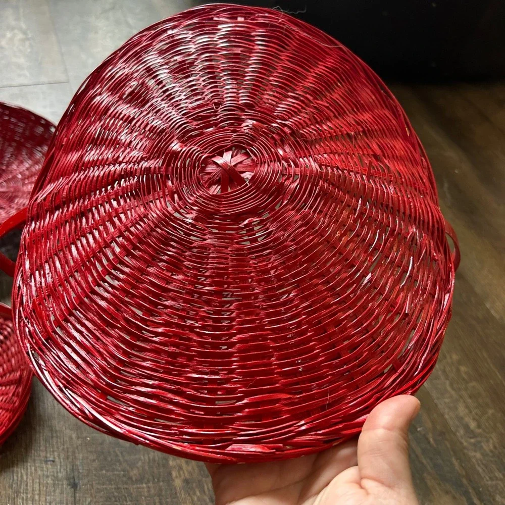 Red Woven Bamboo Nesting Baskets Set of 6 Round Shallow Trays with Handles